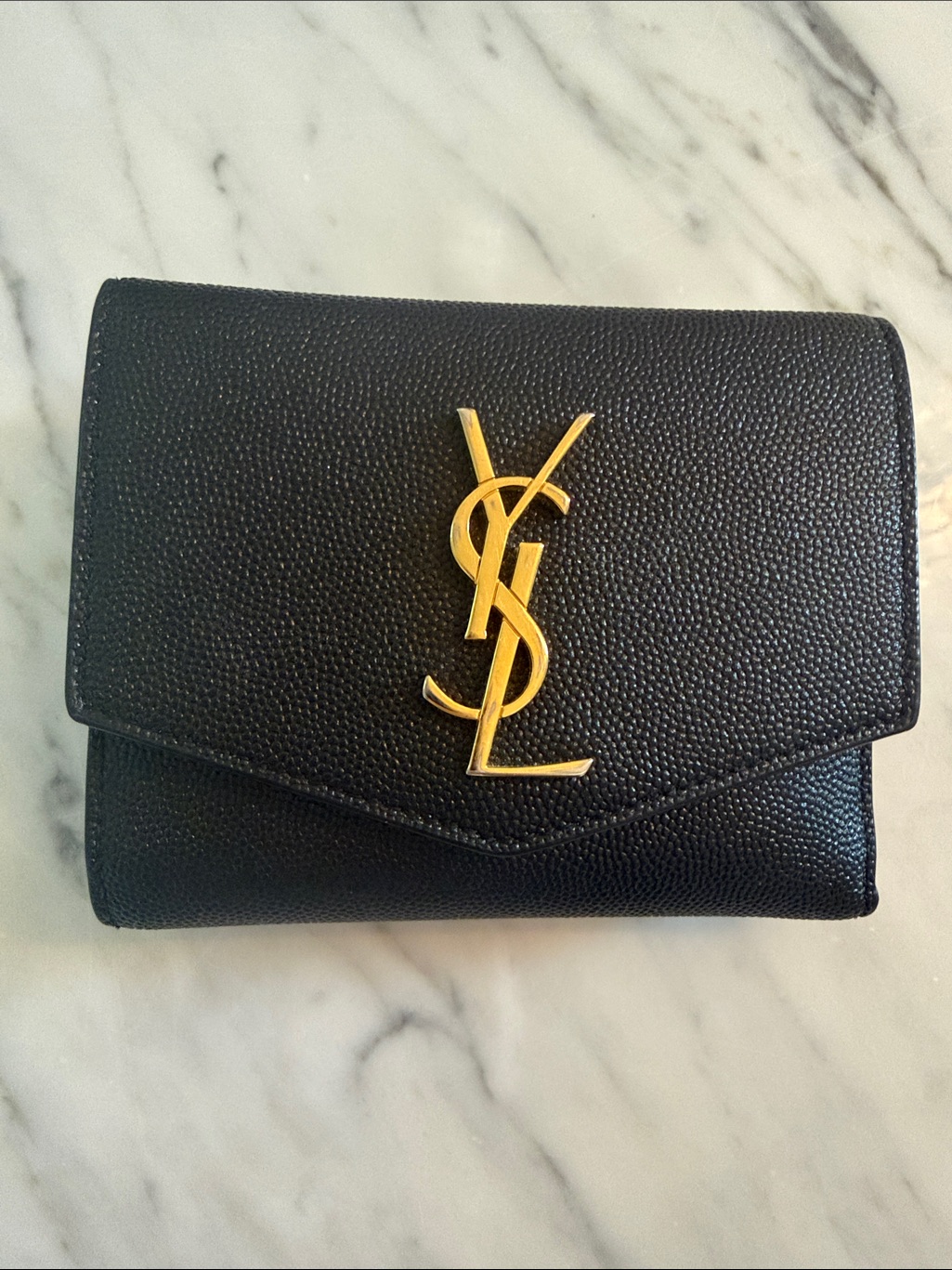 Yves Saint Laurent Black Pebbled Leather Wallet With Gold Ysl Emblem W/Duster